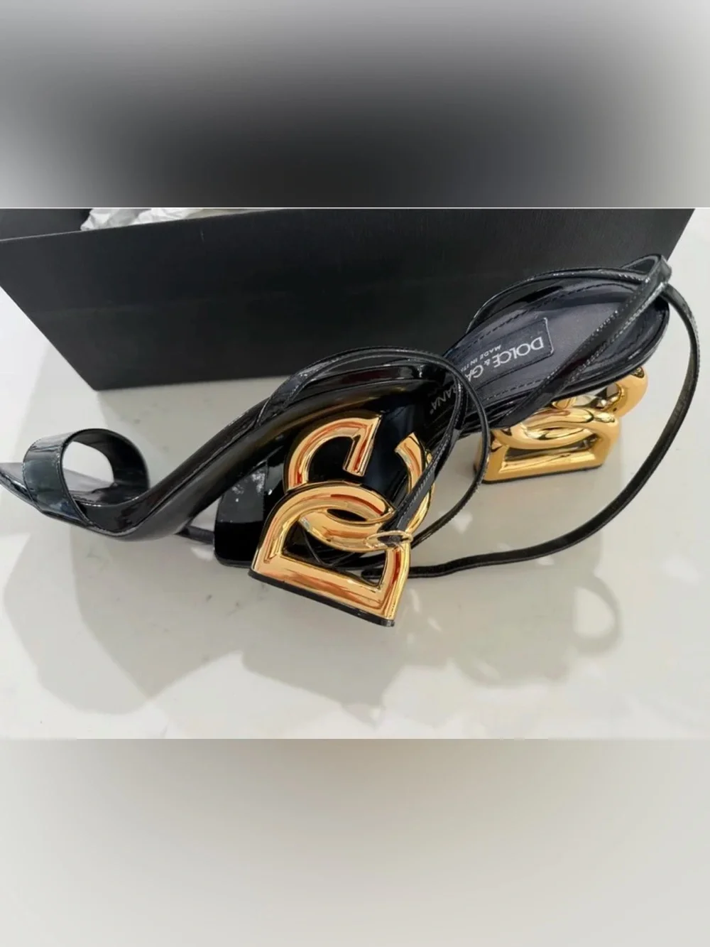 Dolce & Gabbana Black Patent Slingback Sandals with Gold Sculptural Heel